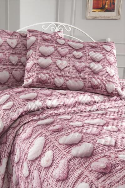 Çeyiz Diyarı Heart-Shaped Ultrasonic Quilted 5D Printed Double Pique Set Pink