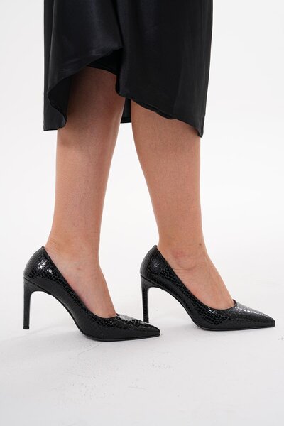 golden heel Black Snake Skin Pattern 8.5cm Thin Heel Women's Stiletto Shoes