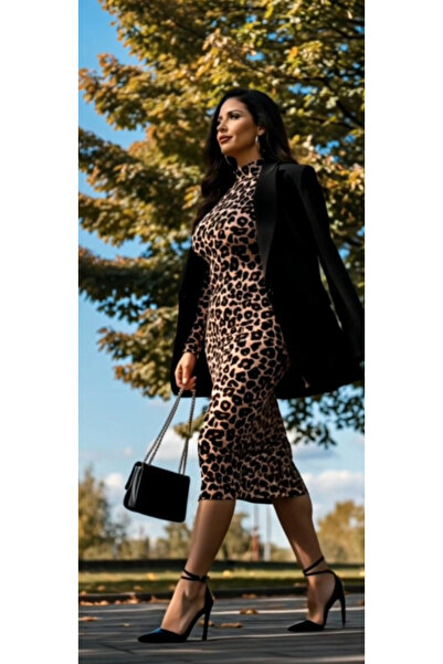 Butik Women's Long Sleeve Turtleneck Leopard Print Midi Dress