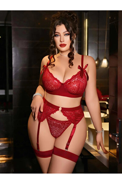 Ruselin Γυναικείο Σετ Εσωρούχων Μεγάλου Μεγέθους Κόκκινο Δαντέλα τεμαχίων με ...