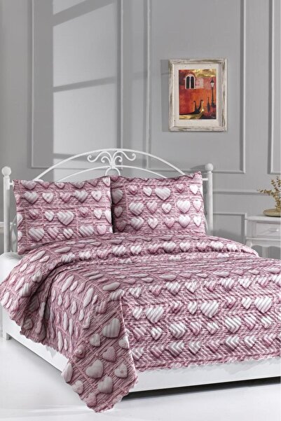 Çeyiz Diyarı Heart-Shaped Ultrasonic Quilted 5D Printed Double Pique Set Pink