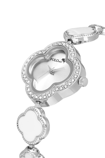 Polo Air ساعة يد نسائية منقوشة على شكل نبات البرسيم لون أبيض فضي PL-1559B2x