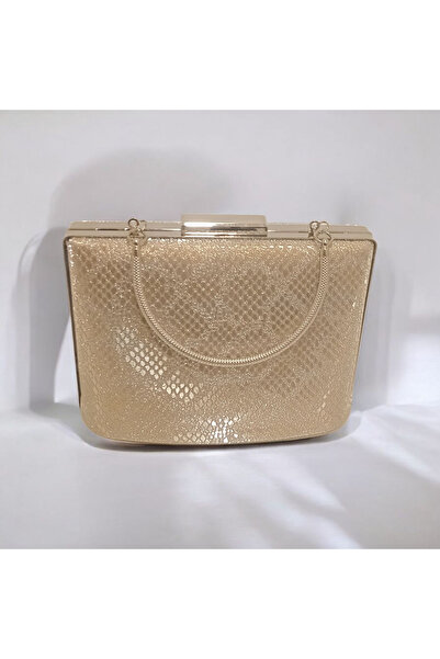 Butik Gold Snake Patterned Evening Bag |   Metal Lock Portfolio Clutch |   With Shoulder and Handle