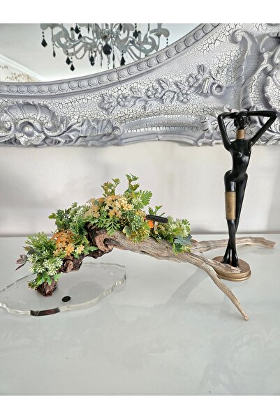 Decoroon El Yapımı Doğal Ağaç Dekor – Sarı ve Yeşil Yapay Çiçekli Masa Üstü Tasarım