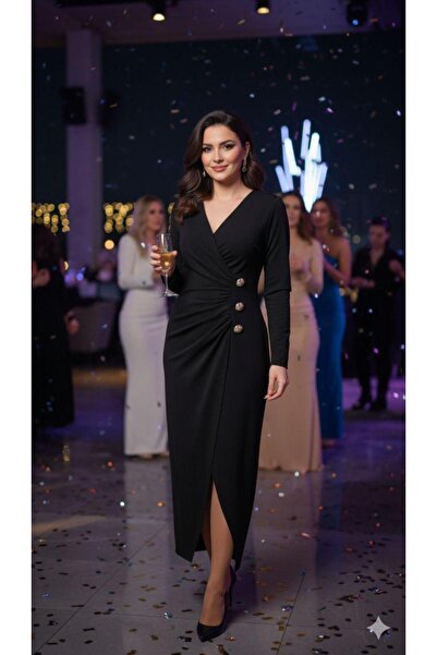 Moda Palmiss Γυναικείο μαύρο φόρεμα με λαιμόκοψη σε σχήμα V με ντραπέ κουμπιά με λεπτομέρεια με μακρυμάνικο μίντι μήκος κομψό βραδινό φόρεμα για πάρτι