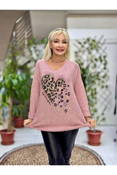Punta Otantik Yg8023 Heart Patterned Stone Italian Knitwear Blouse Powder