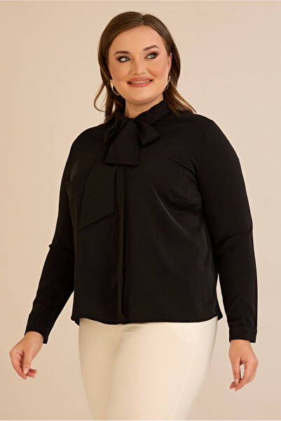 FOR ESRA BIG TREND Women's Plus Size Lapel Tie Button Long Sleeve Woven Shirt