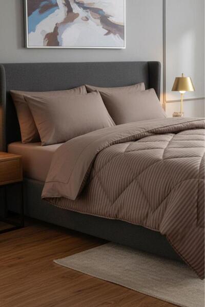 Çeyiz Diyarı Satin Pollysaten Comforter Double Size Quilt Set Cappucino