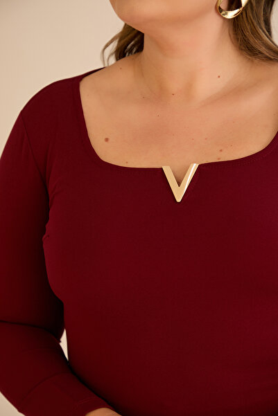 FOR ESRA BIG TREND Women's Plus Size Square V Hollow Neck Metal Accessory Long Sleeve Stretchy Crepe Blouse