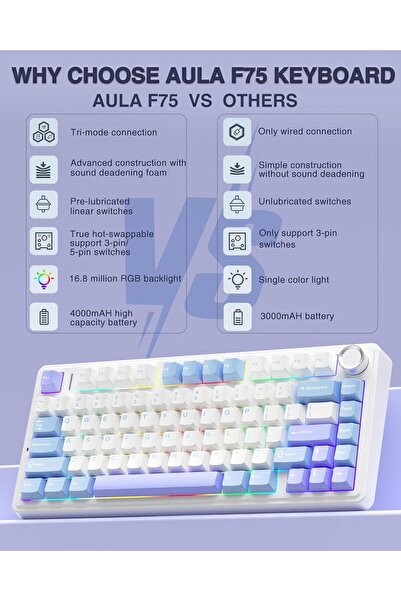 Aula F75 75% Wireless Mechanical RGB Keyboard, Hot-Swappable, Knob, BT5.0/2.4GHz/USB-C