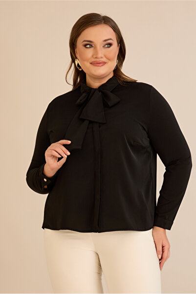 FOR ESRA BIG TREND Women's Plus Size Lapel Tie Button Long Sleeve Woven Shirt