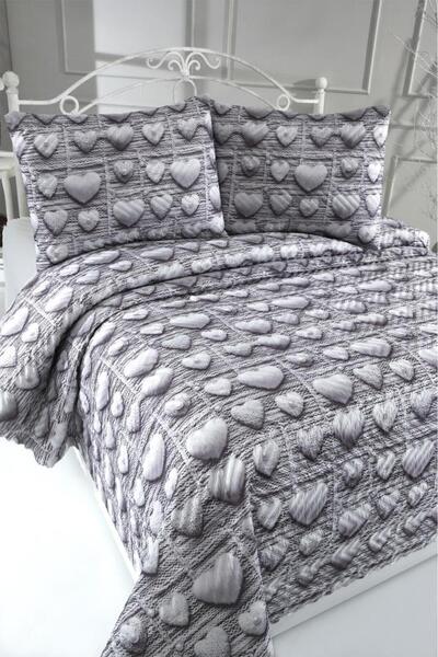 Çeyiz Diyarı Heart-Shaped Ultrasonic Quilted 5D Printed Double Pique Set Gray