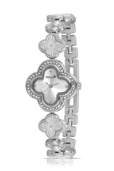 Polo Air ساعة يد نسائية فاخرة بنقشة زهرة البرسيم الحجرية، لون فضي وأبيض، موديل PL-1560B2X