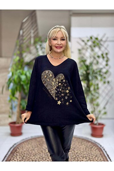 Punta Otantik Yg8023 Heart Patterned Stone Italian Knitwear Blouse Black
