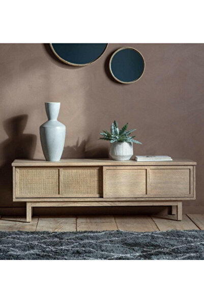 feruzadeco El Yapımı Hasır Detaylı Ahşap TV Ünitesi | Doğal Meşe Renkli Modern Konsol | Rustik 120x45x30 cm