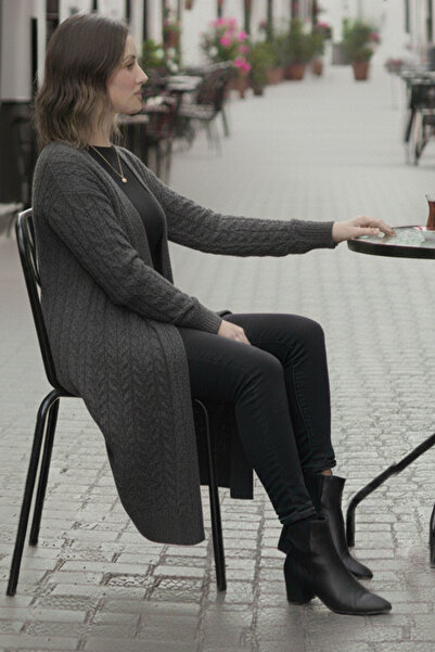 benguen Knitted Patterned Long Knitwear Cardigan R4251 Anthracite