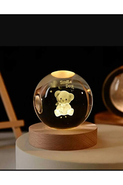 Bıyıklı Tobacco 3D Kristal Cam Küre Ahşap Kaideli Gece Lambası - Ayıcık