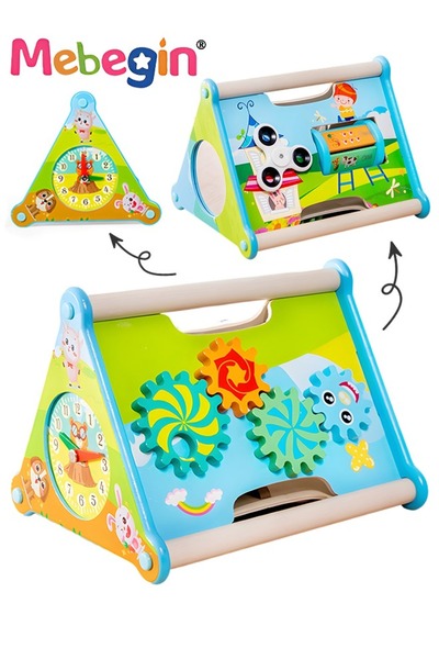 MEBEGIN مركز أنشطة خشبي 5 في 1، ألعاب مثلثة، صندوق تعليم إبداعي متعدد الوظائف...