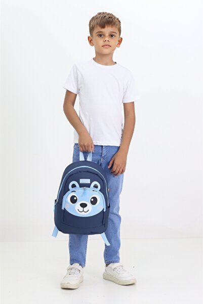 Probag Navy Blue Kindergarten Nursery Bag with Bear Figure, 4 Compartments, Boys and Girls Children's Backpack