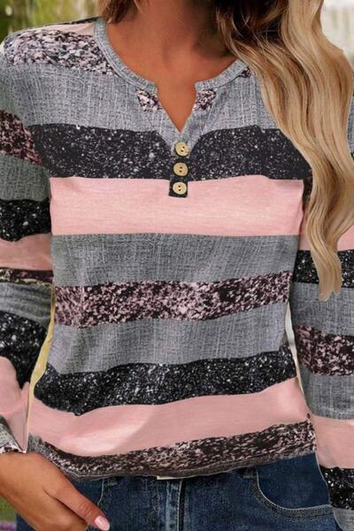 Mossta Buttoned Block Patterned Single Jersey Blouse - Pink