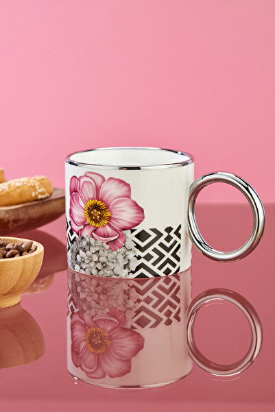 Cooker 200 ml Flower Patterned Silver Handle Porcelain Mug Cup