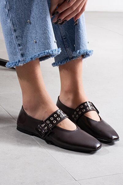 FSKOMBİN Biko Brown Patent Leather Women's Ballerinas