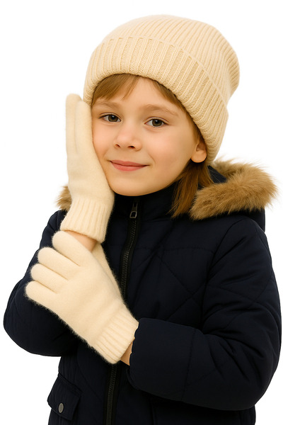 CapZone Beige Children's Plush Gloves - Soft Textured Warm Winter Gloves 5-10