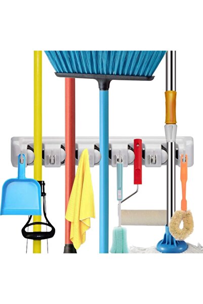 Primo Plus Mop And Broom Holder, Wall Mounted Organizer 5 Position With 6 Hooks Multicolour