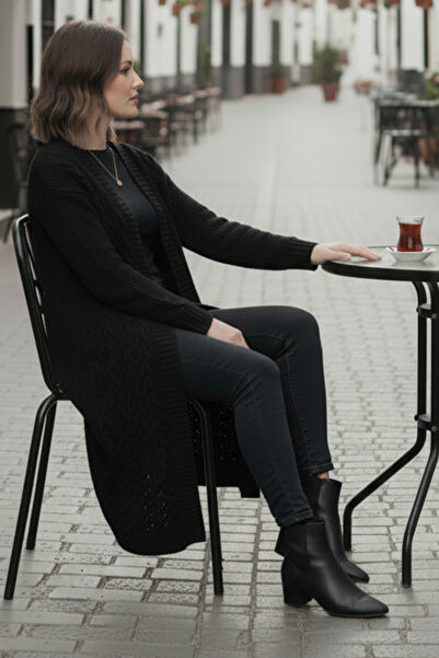 benguen Knitted Patterned Long Knitwear Cardigan R4251 Black