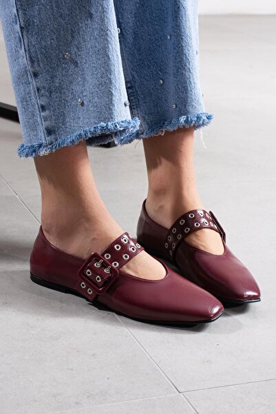 FSKOMBİN Biko Burgundy Patent Leather Women's Ballerinas