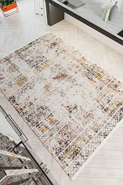 Oriente Home İskandinav Desen Krem Şönil Makine Halısı Kaymaz Taban Yıkanabilir Mutfak Halısı 7745