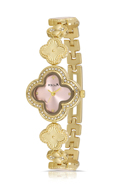 Polo Air ساعة يد نسائية فاخرة منقوشة على شكل برسيم ذهبي اللون وردي اللون PL-1560B3x