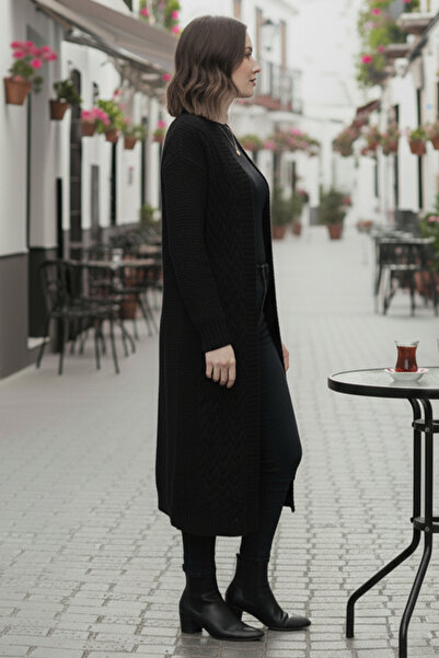 benguen Knitted Patterned Long Knitwear Cardigan R4251 Black
