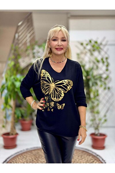 Punta Otantik Yg59100 Italian Stone and Butterfly B Printed Knitwear Blouse Black