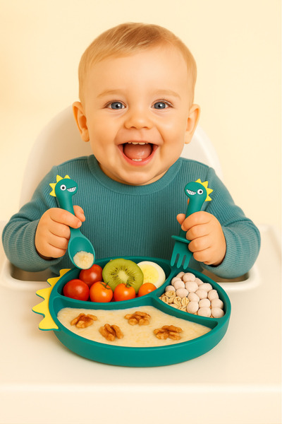 Bebelul Set tavita din silicon cu tacamuri pentru bebelusi - Dinozaur