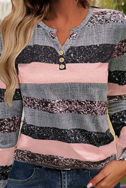 Mossta Buttoned Block Patterned Single Jersey Blouse - Pink