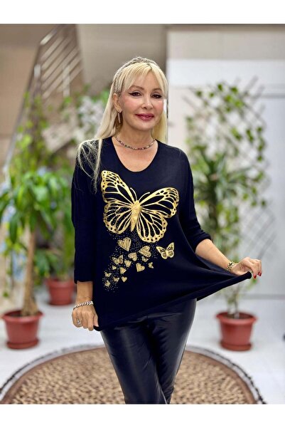 Punta Otantik Yg59100 Italian Stone and Butterfly B Printed Knitwear Blouse Black