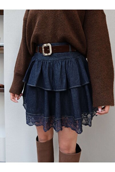 ESRAHELVACI Lace Mini Kat Denim Skirt