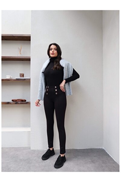 ESRAHELVACI Gold Button Detailed Stretch Leggings Pants