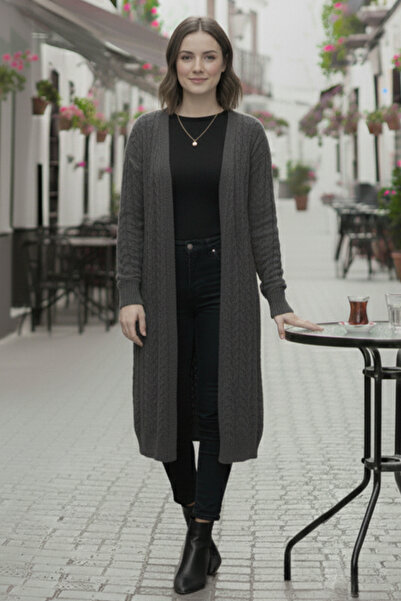 benguen Knitted Patterned Long Knitwear Cardigan R4251 Anthracite
