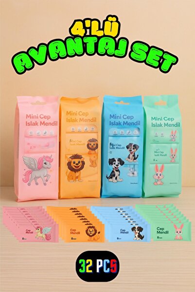 hak-iş oyuncak 8 Li 4 Paket Mini Cep Islak Mendil Seti | Çocuklar İçin Seviml...