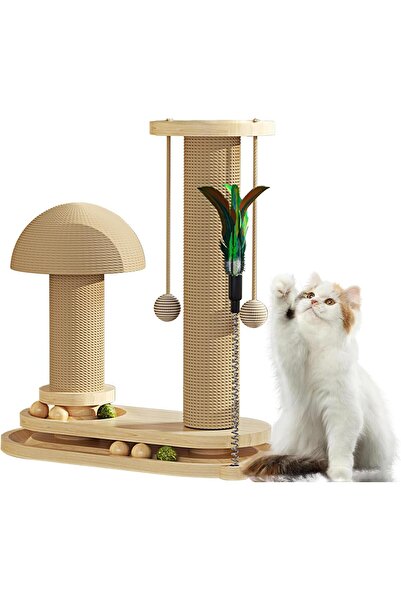 fulina 4 in 1 Cat Scratching Post Kit - Wooden Scratcher with 2 Level Track, Interactive Feather Toy, Mushr