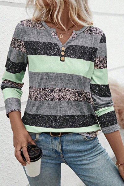 Mossta Buttoned Block Patterned Single Jersey Blouse - Green