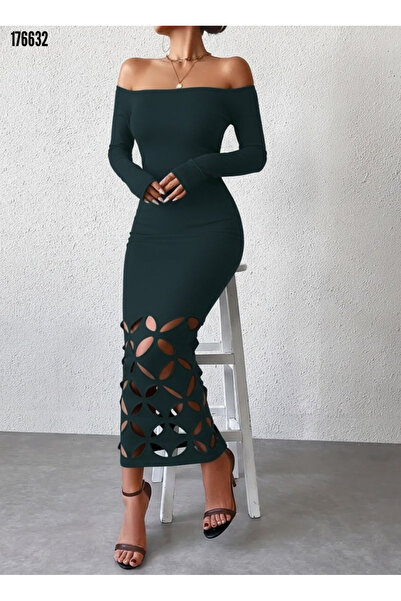 Viyamo Yeni Sezon Şık İthal Krep Madonna Yaka Lazer Çiçek Detaylı Uzun Elbise