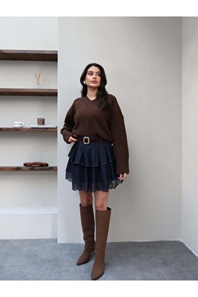 ESRAHELVACI Lace Mini Kat Denim Skirt