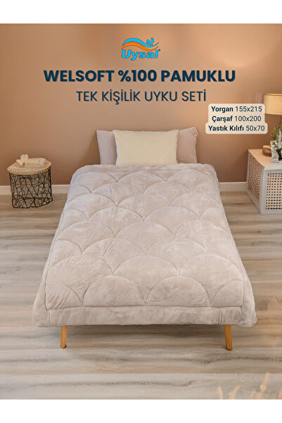 UYSAL WELSOFT AKFİL MİDYE DESEN TEK KİŞİLİK UYKU SETİ BEJ 155x215