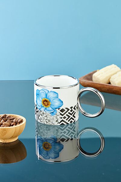 Cooker 200 ml Flower Patterned Silver Handle Porcelain Mug Cup