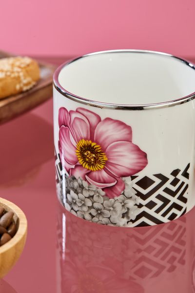Cooker 200 ml Flower Patterned Silver Handle Porcelain Mug Cup