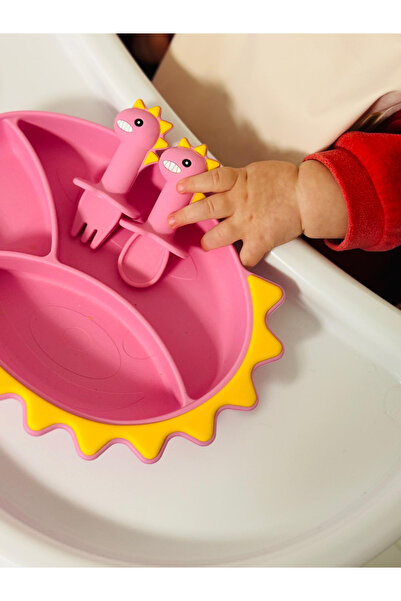Bebelul Silicone tray set with baby cutlery - PINK Dinosaur