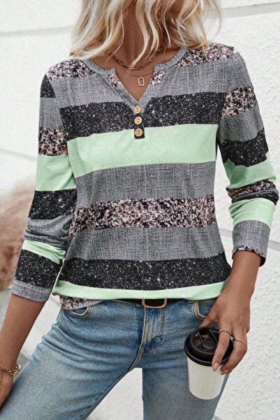 Mossta Buttoned Block Patterned Single Jersey Blouse - Green